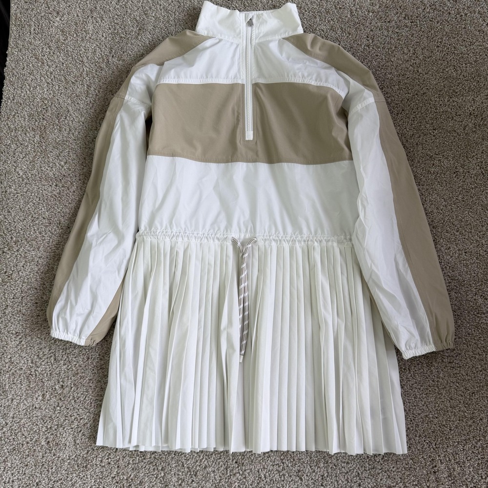 Athleta Dress Womens S White Tan Colorblock Long Sleeve Pleated Zip A-Line Short